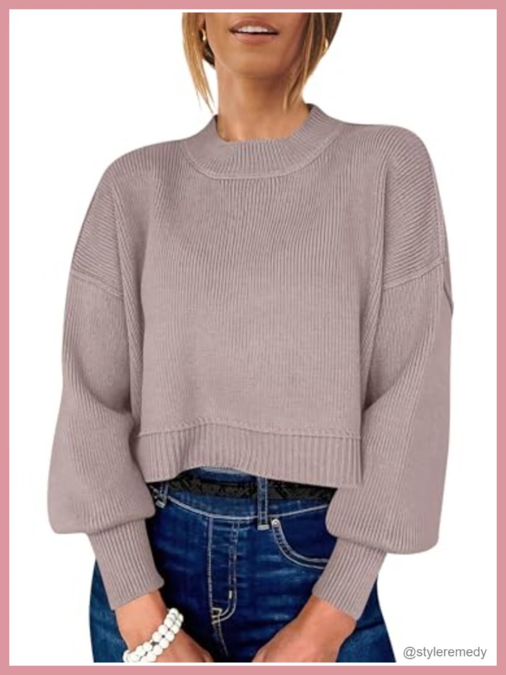 Women's Cropped Sweater Oversized Crewneck Batwing Sleeve Side Slit Ribbed Knit